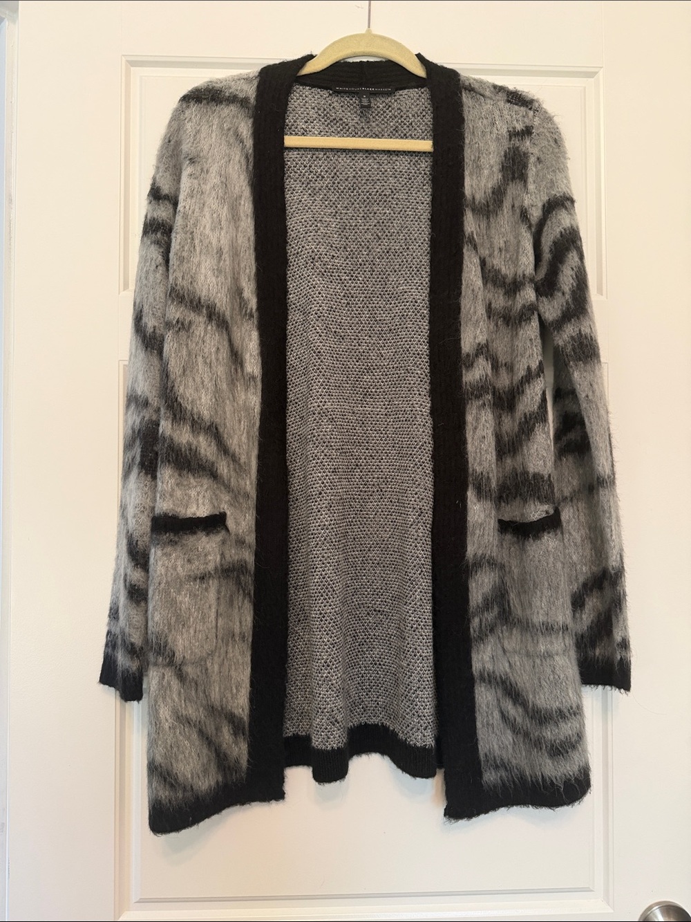 White House Black Market Gray and Black Open-Front Fuzzy Cardigan